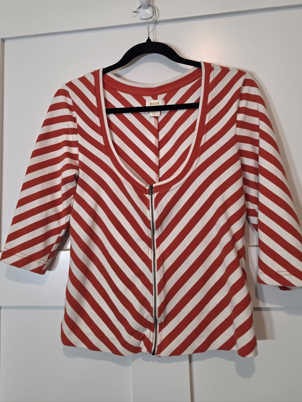 Maeve Anthropologie Front Zip Scoop Neck Top Orange White Diagonal Stripes Mediu